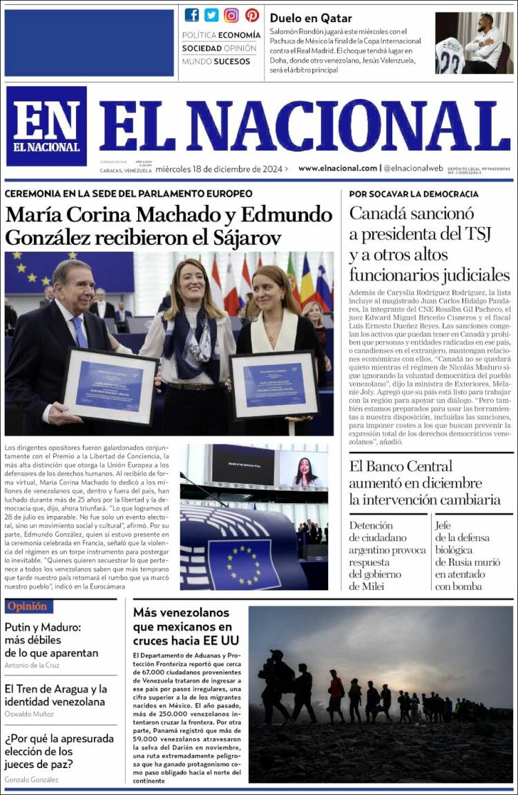 Portada de El Nacional (Venezuela)