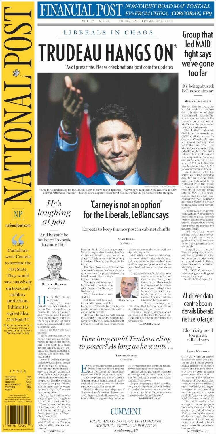 Portada de The National Post (Canadá)