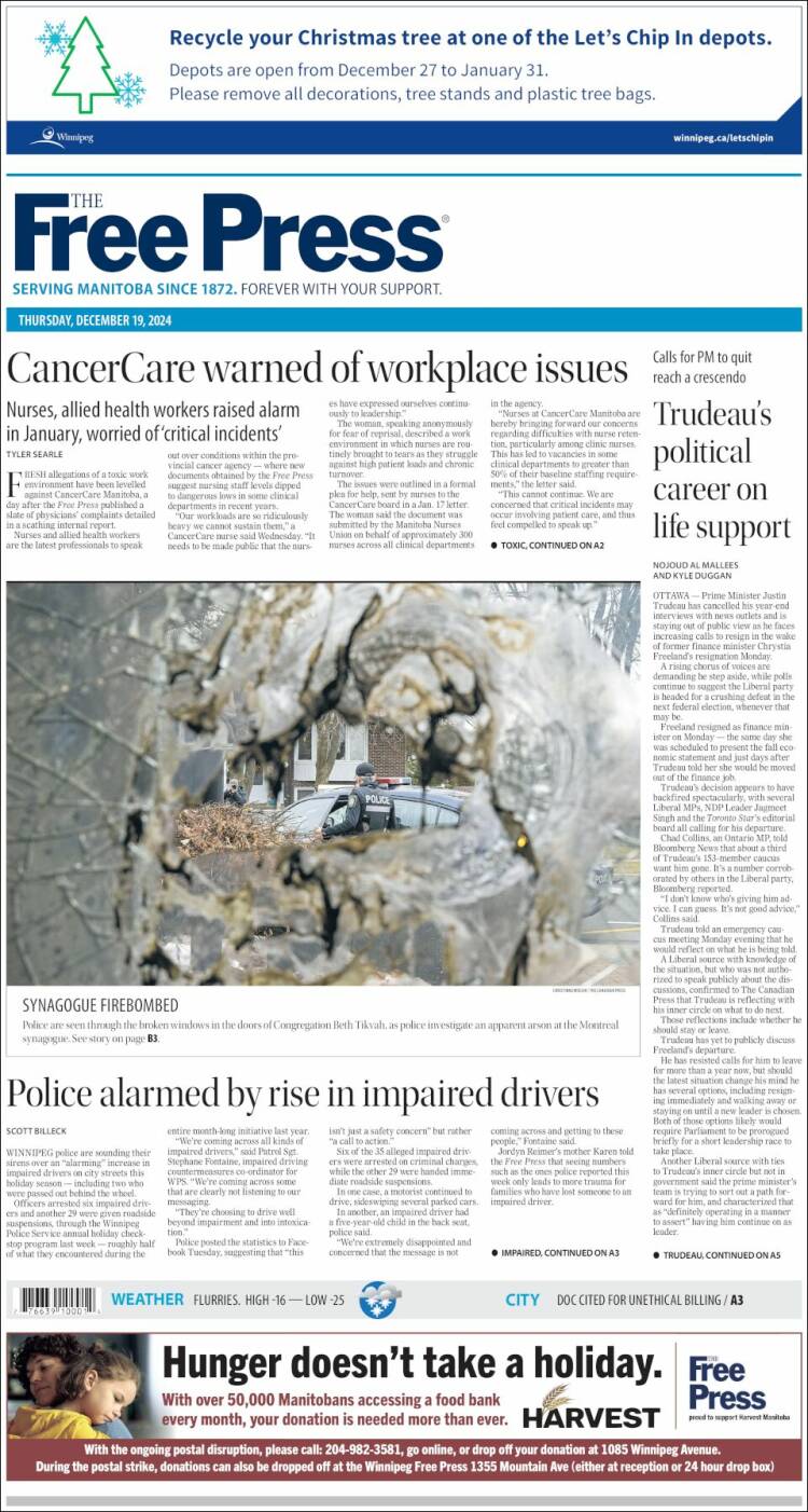 Portada de Winnipeg Free Press (Canadá)