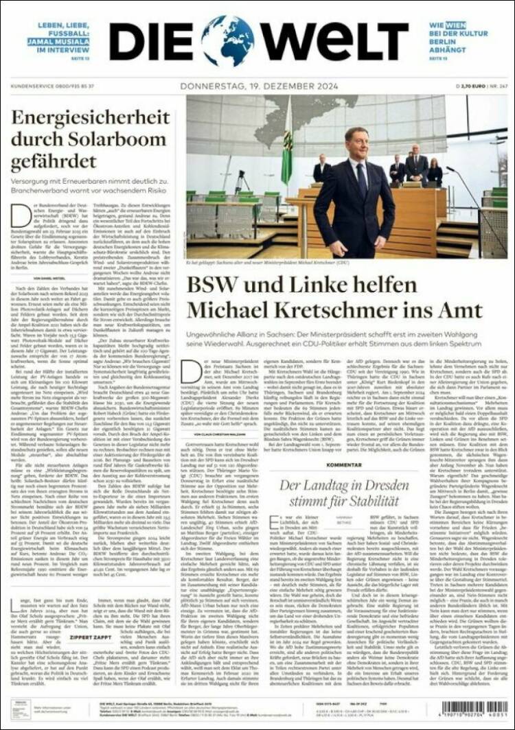 Portada de Die Welt (Alemania)