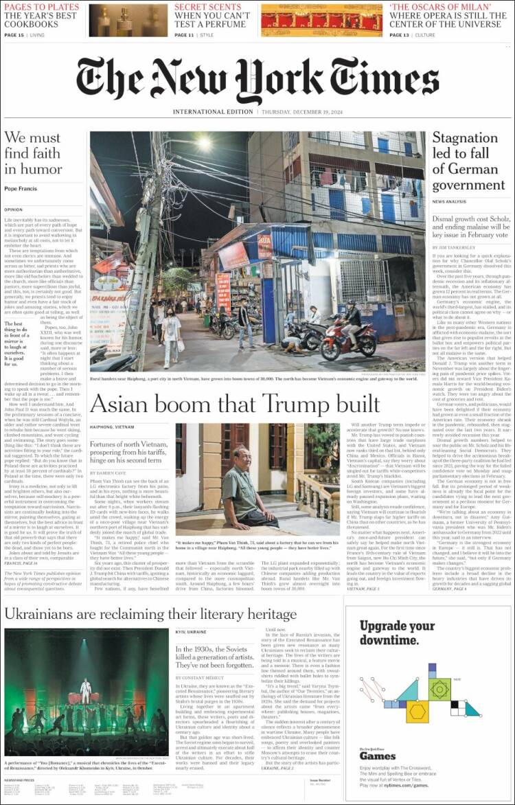 Portada de International New York Times (Europa)