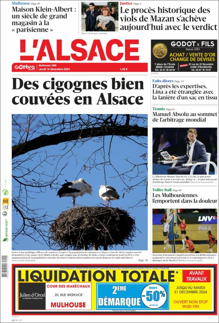 Portada de Journal L'Alsace (Francia)