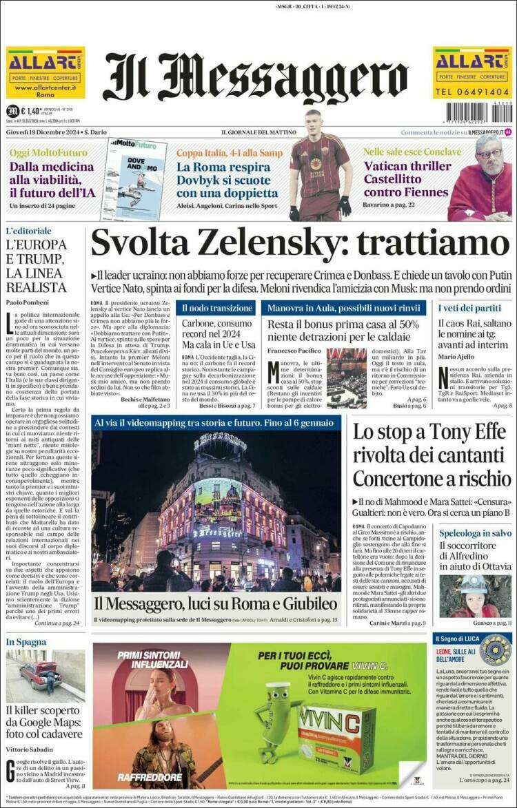 Portada de Il Messaggero (Italia)
