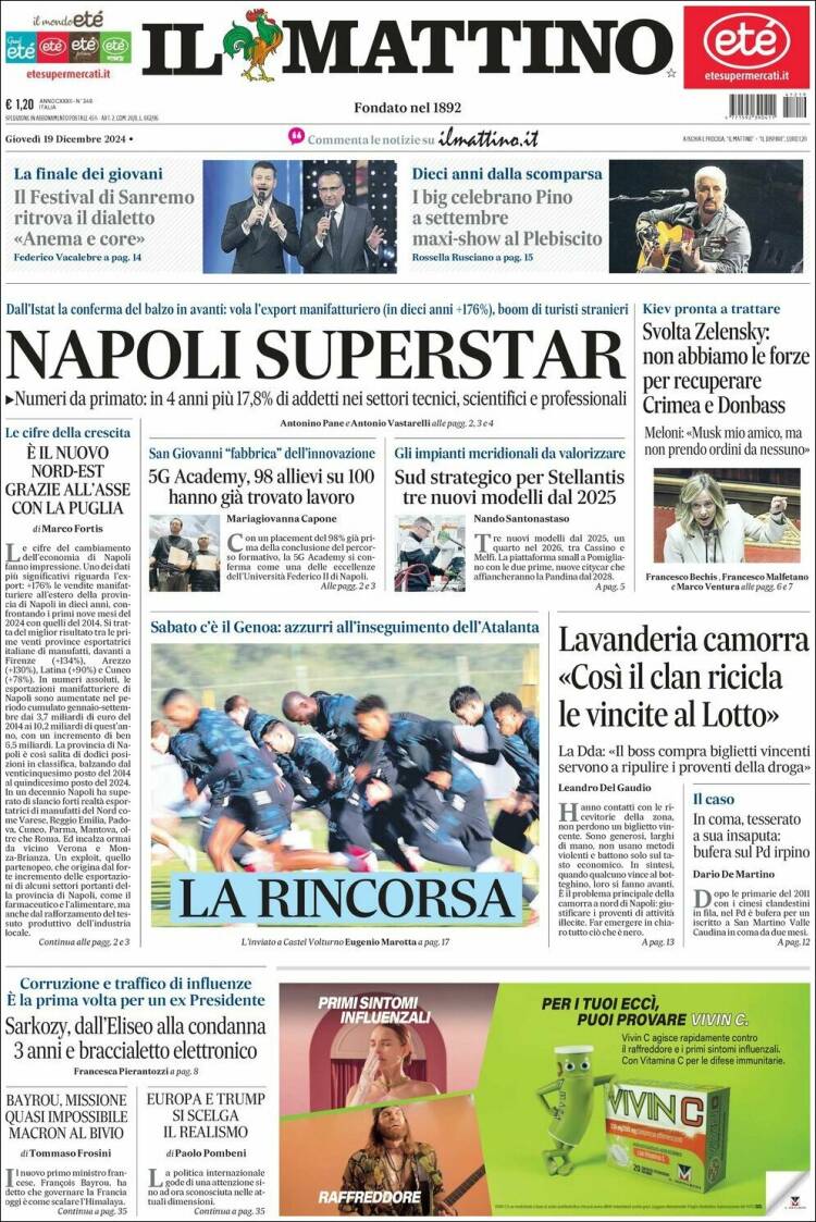 Portada de Il Mattino (Italia)