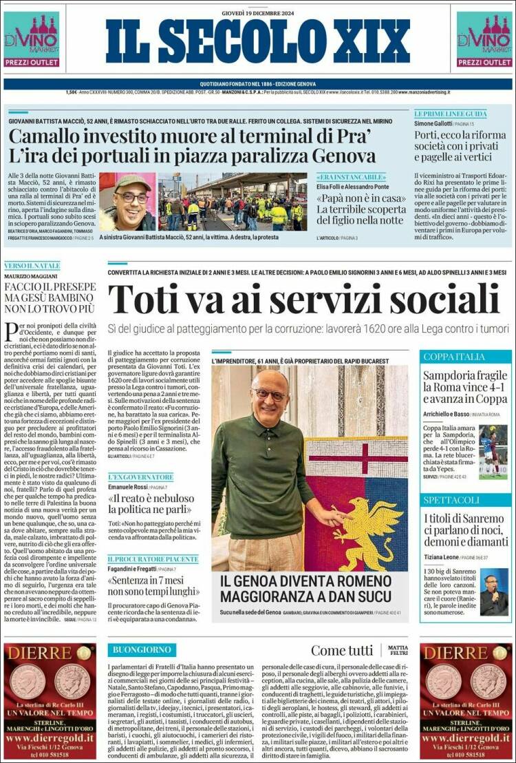 Portada de Il Secolo XIX (Italia)