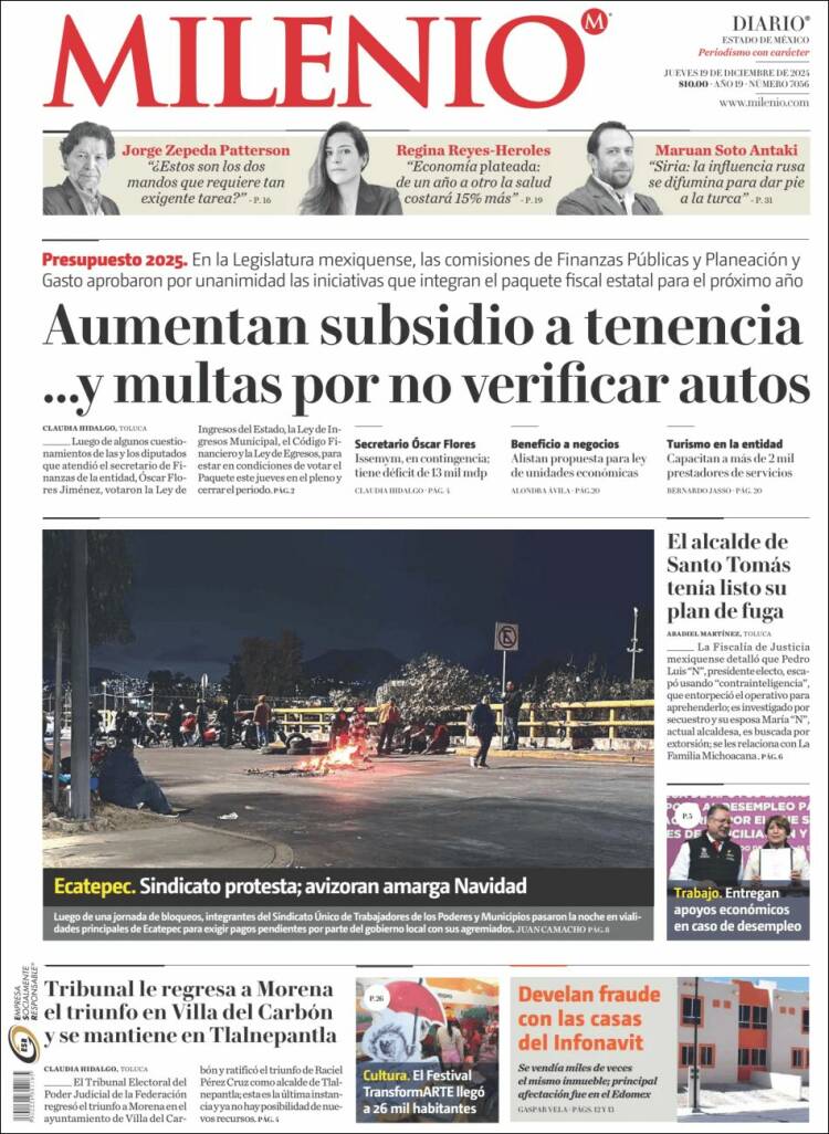 Portada de Milenio - Estado de México (México)