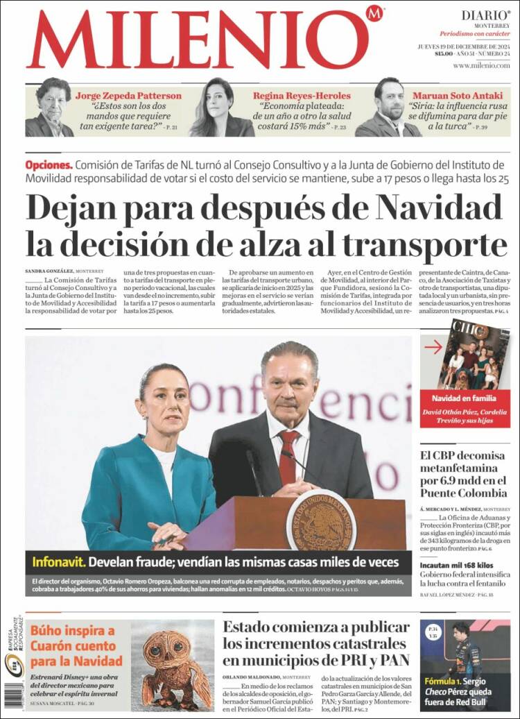 Portada de Milenio de Monterrey (México)