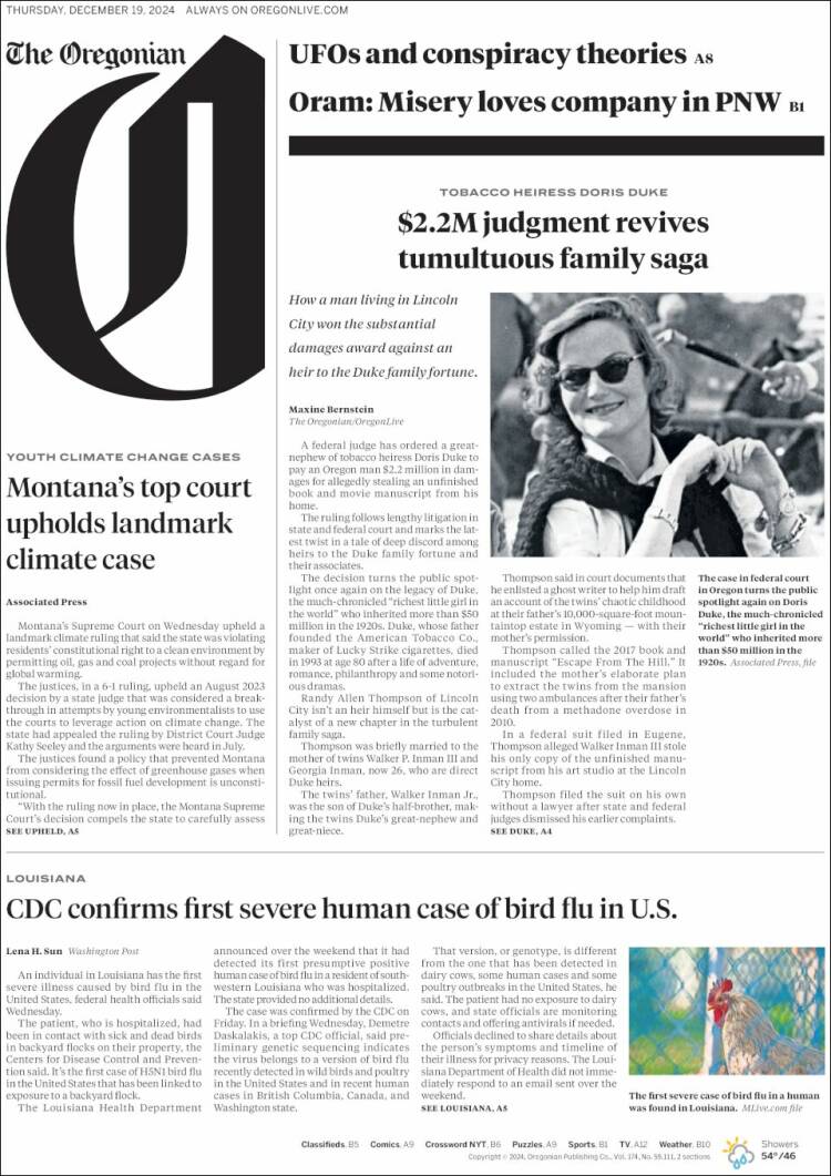 Portada de The Oregonian (USA)