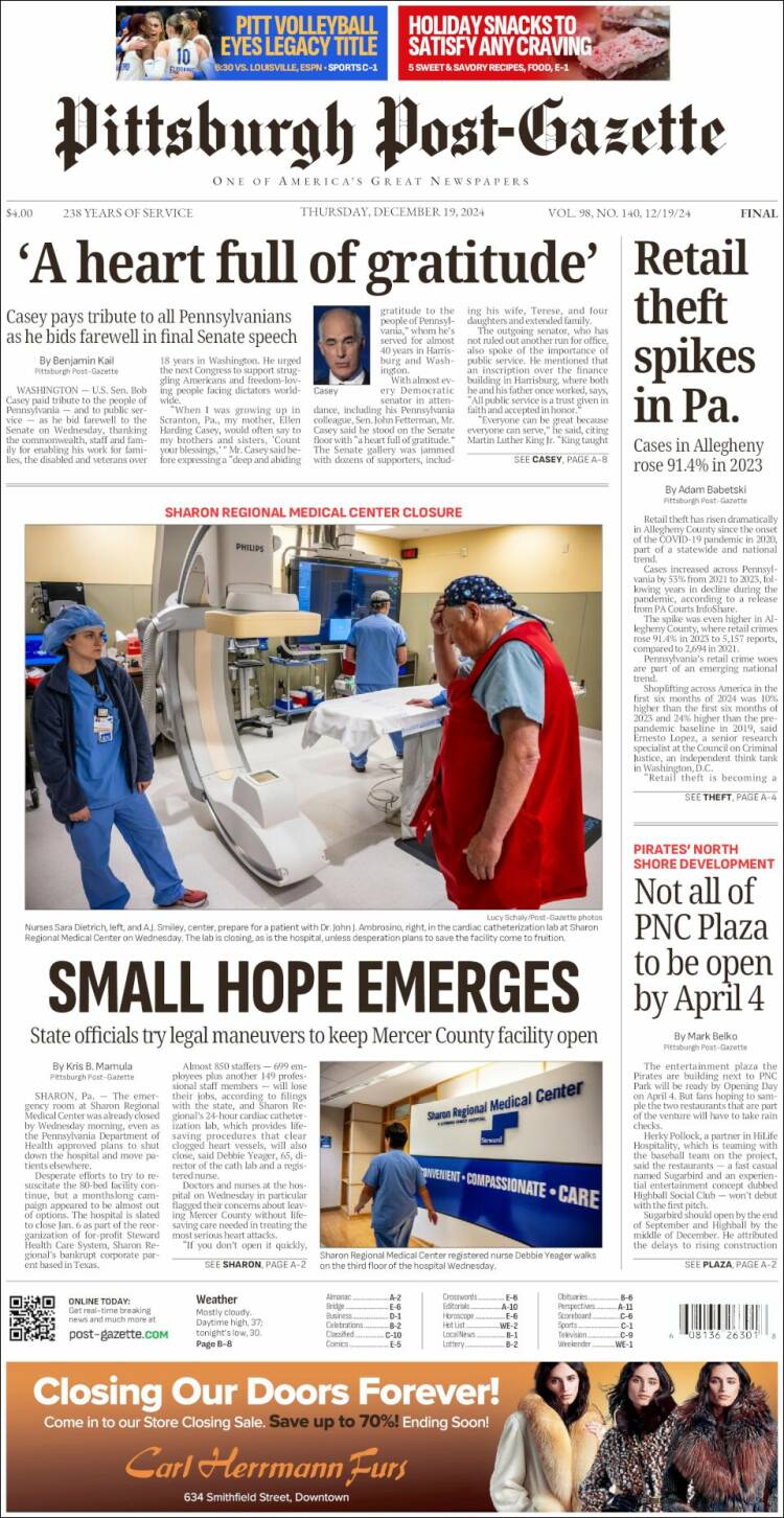 Portada de Pittsburgh Post-Gazette (USA)