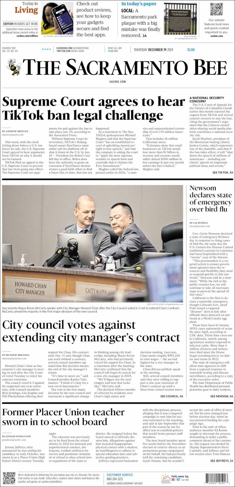 Portada de The Sacramento Bee (USA)