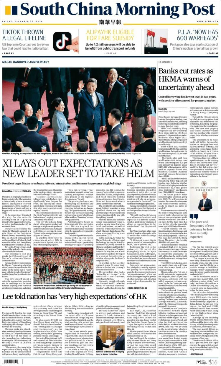 Portada de South China Morning Post (China)
