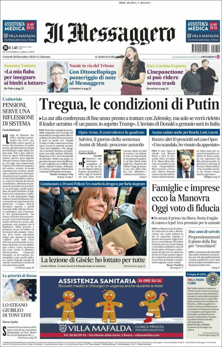 Portada de Il Messaggero (Italia)