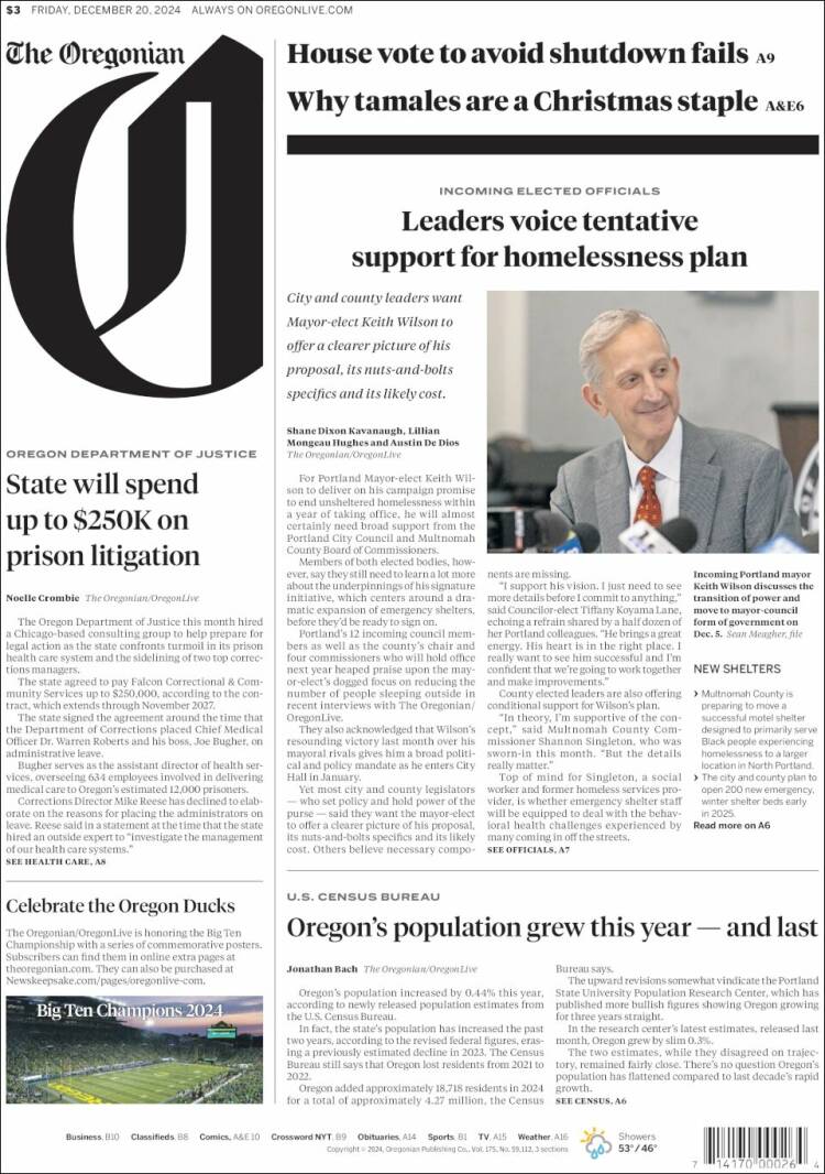 Portada de The Oregonian (USA)