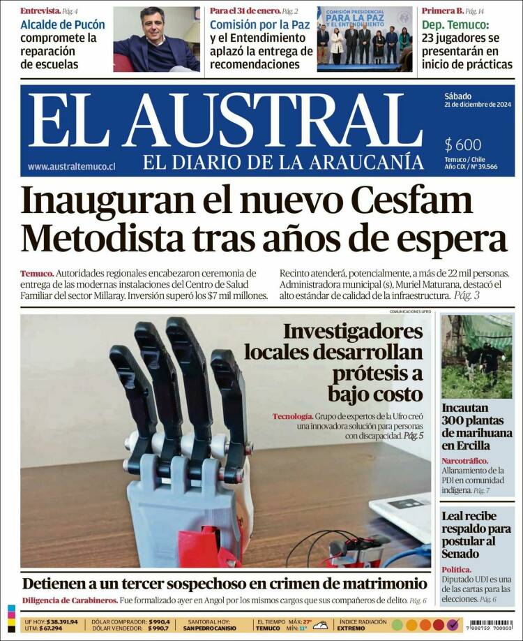 Portada de El Austral de Temuco (Chile)