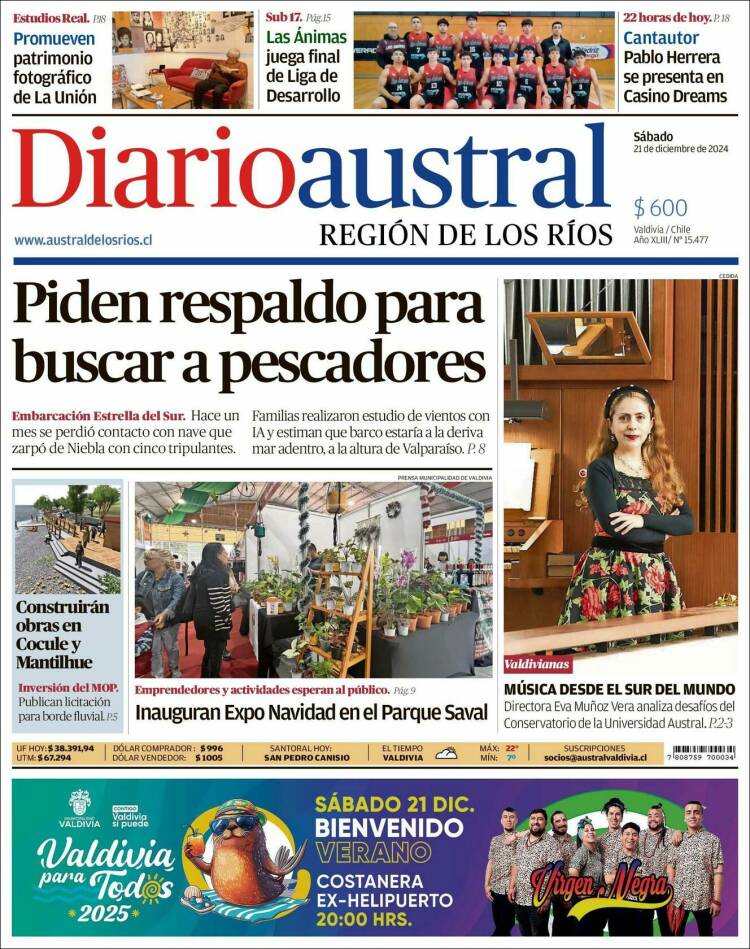 Portada de El Diario Austral de Valdivia (Chile)