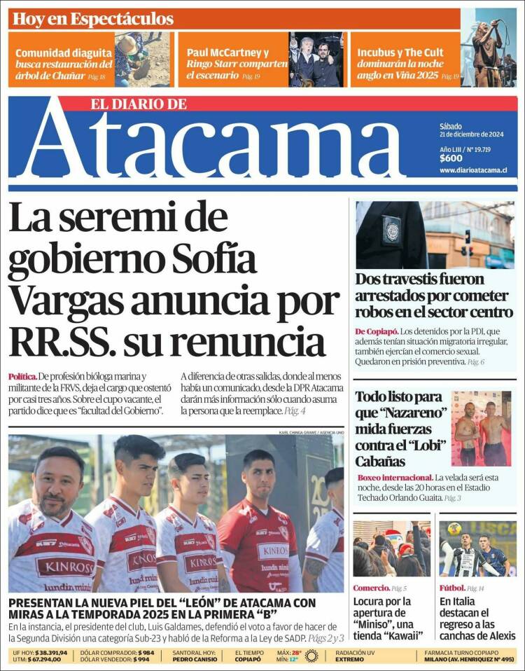 Portada de Diario de Atacama (Chile)