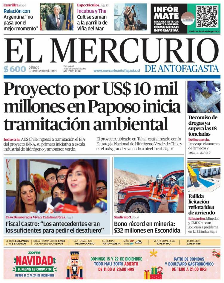 Portada de El Mercurio de Antofagasta (Chile)