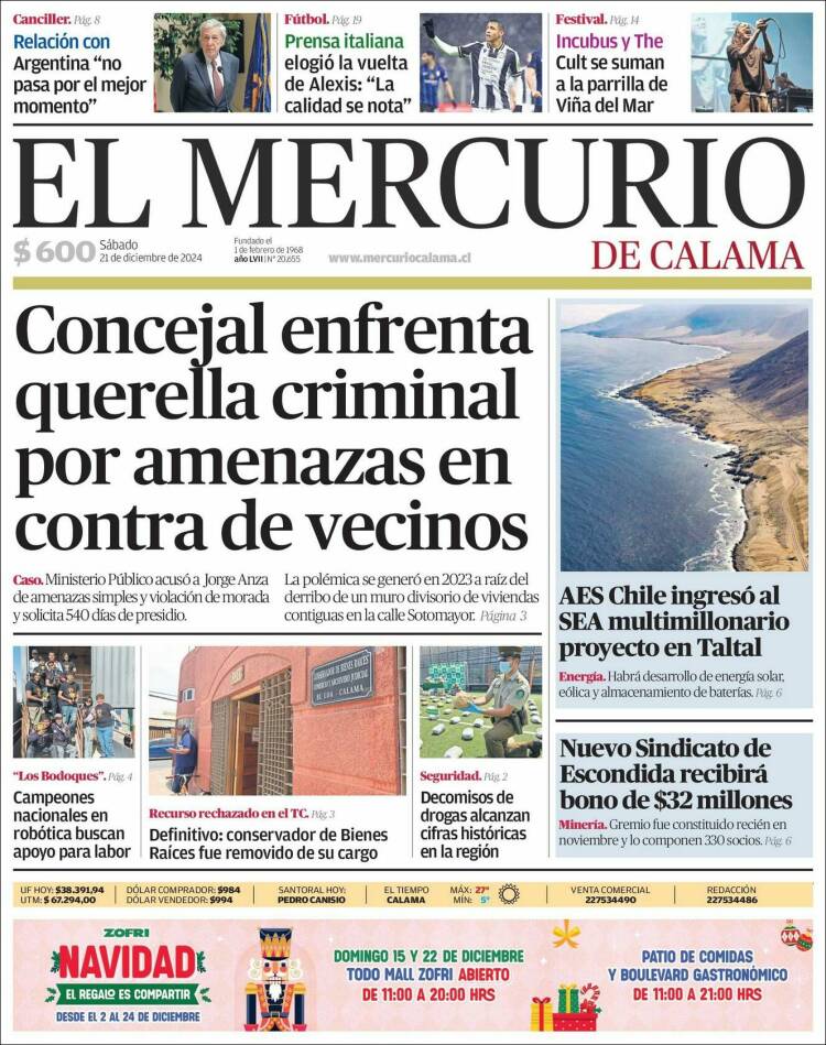 Portada de El Mercurio - Calama (Chile)