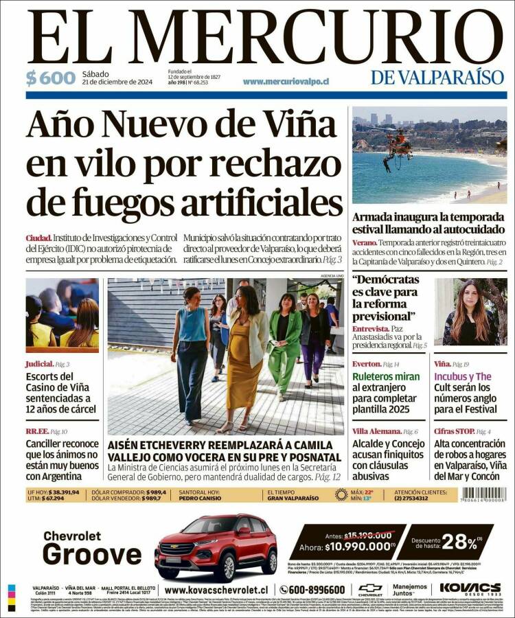 Portada de Mercurio de Valparaiso (Chile)