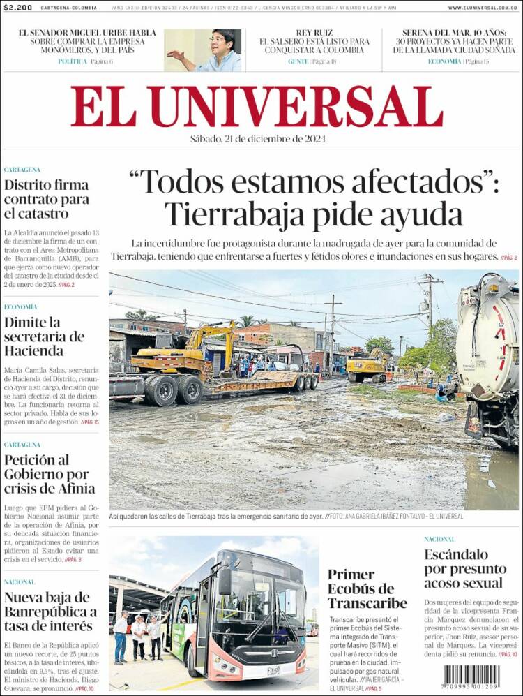 Portada de El Universal (Colombia)