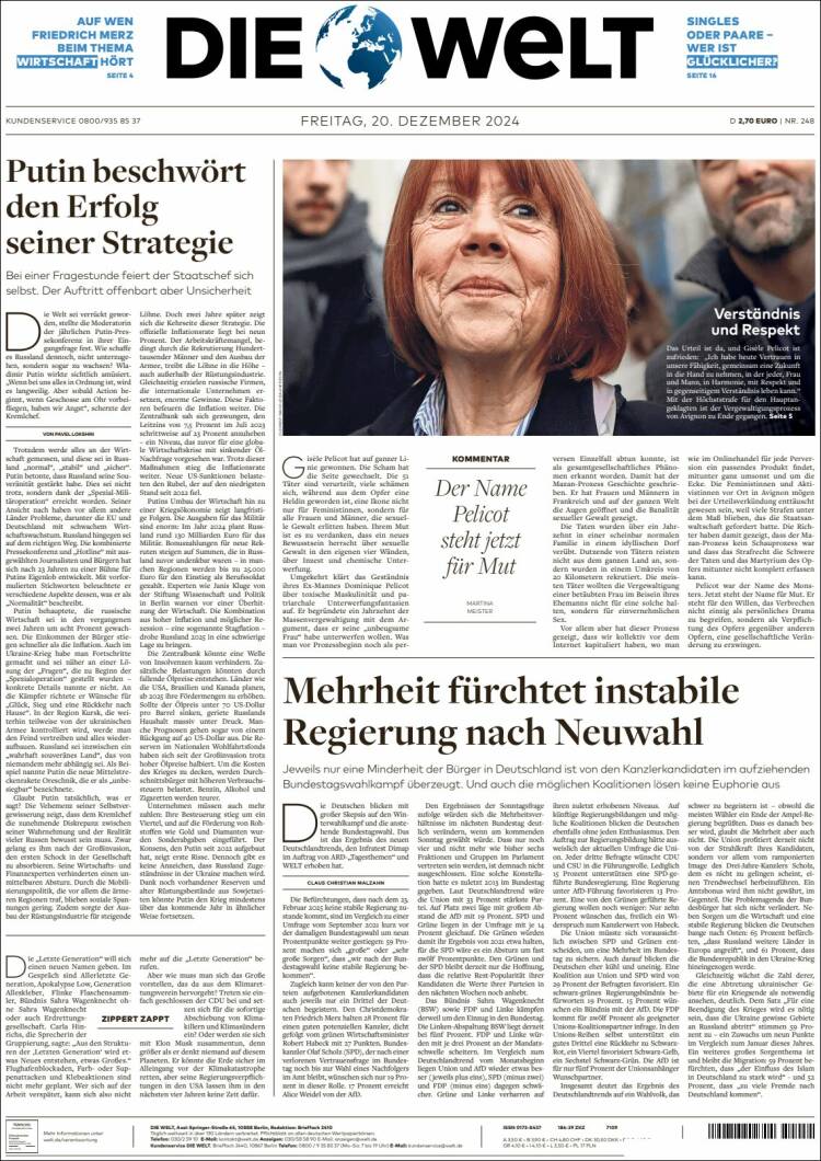 Portada de Die Welt (Germany)