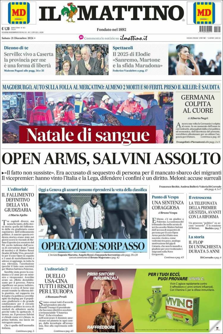 Portada de Il Mattino (Italia)