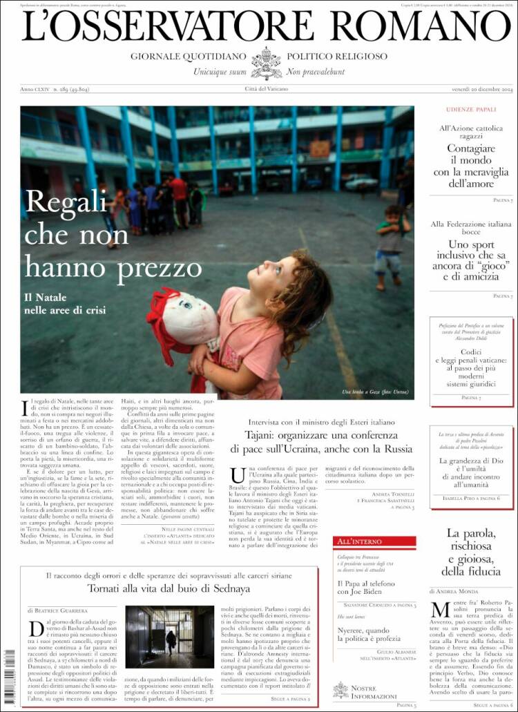 Portada de L'Osservatore Romano (Italia)