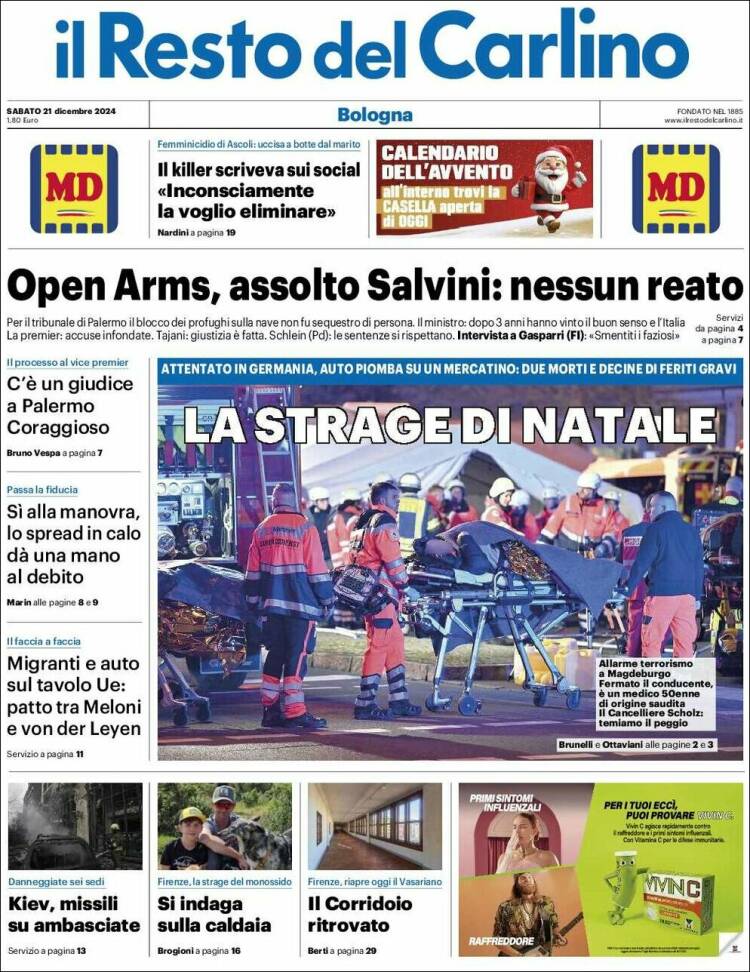 Portada de Il Resto del Carlino (Italia)