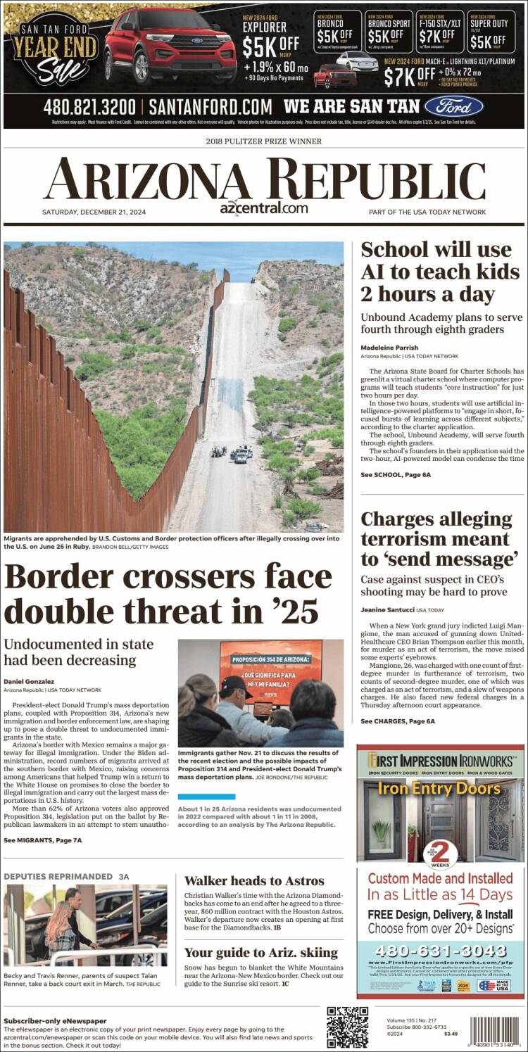 Portada de Arizona Republic News (USA)