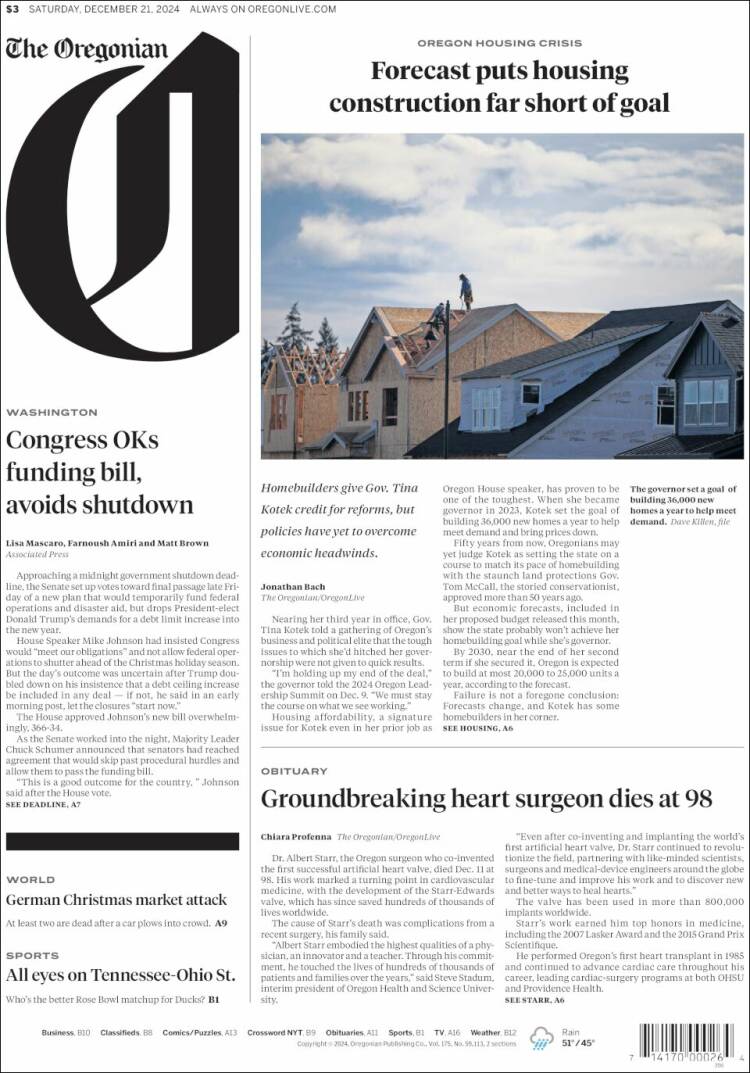 Portada de The Oregonian (USA)