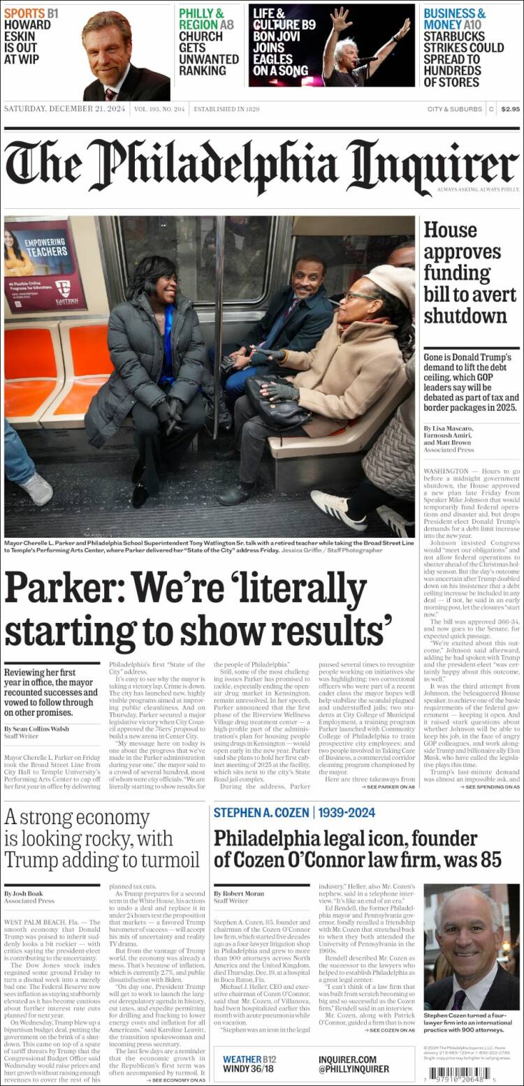 Portada de Philadelphia Inquirer (USA)