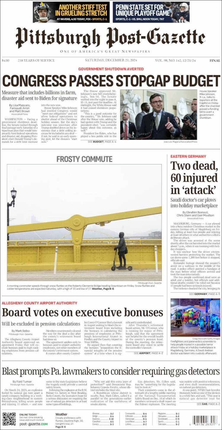 Portada de Pittsburgh Post-Gazette (USA)