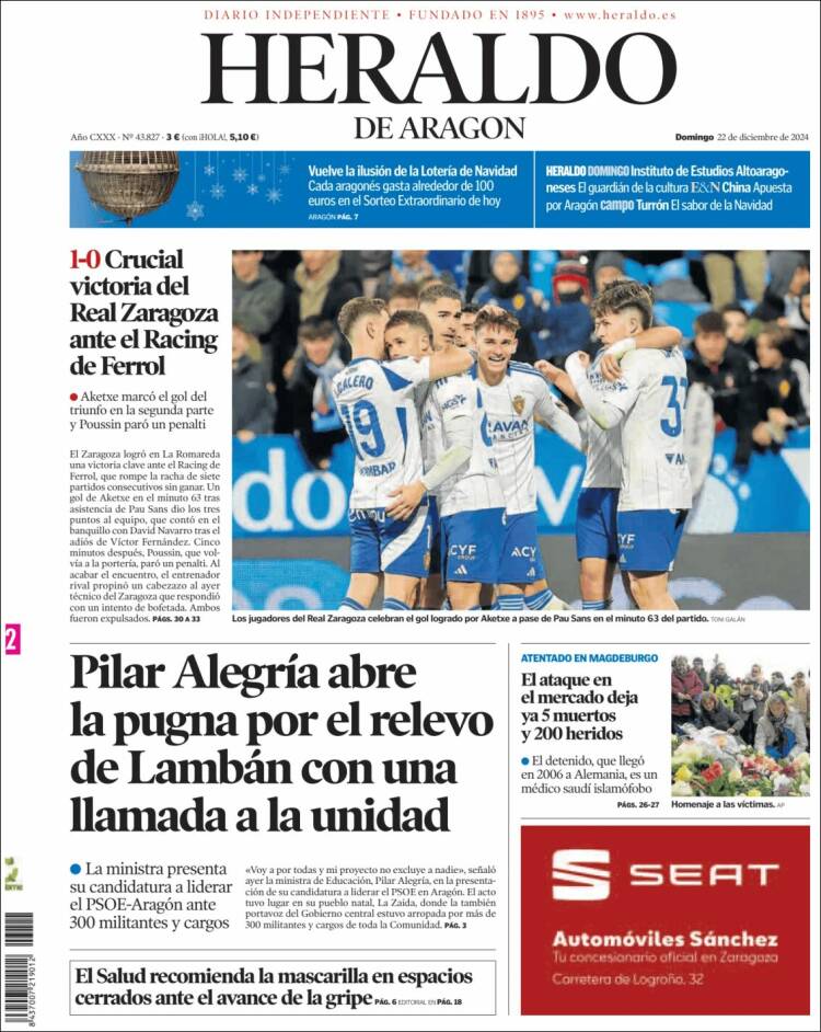 Portada de Heraldo de Aragón (España)