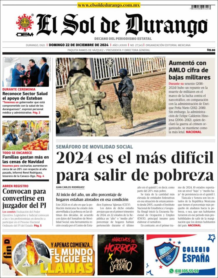 Portada de El Sol de Durango (México)
