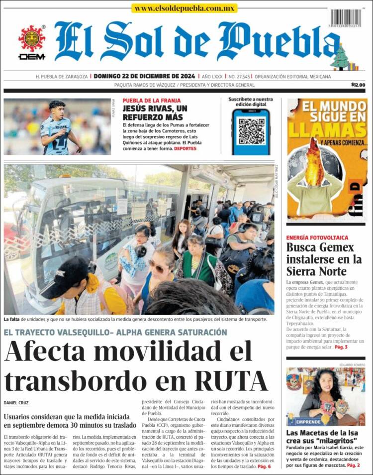 Portada de El Sol de Puebla (México)