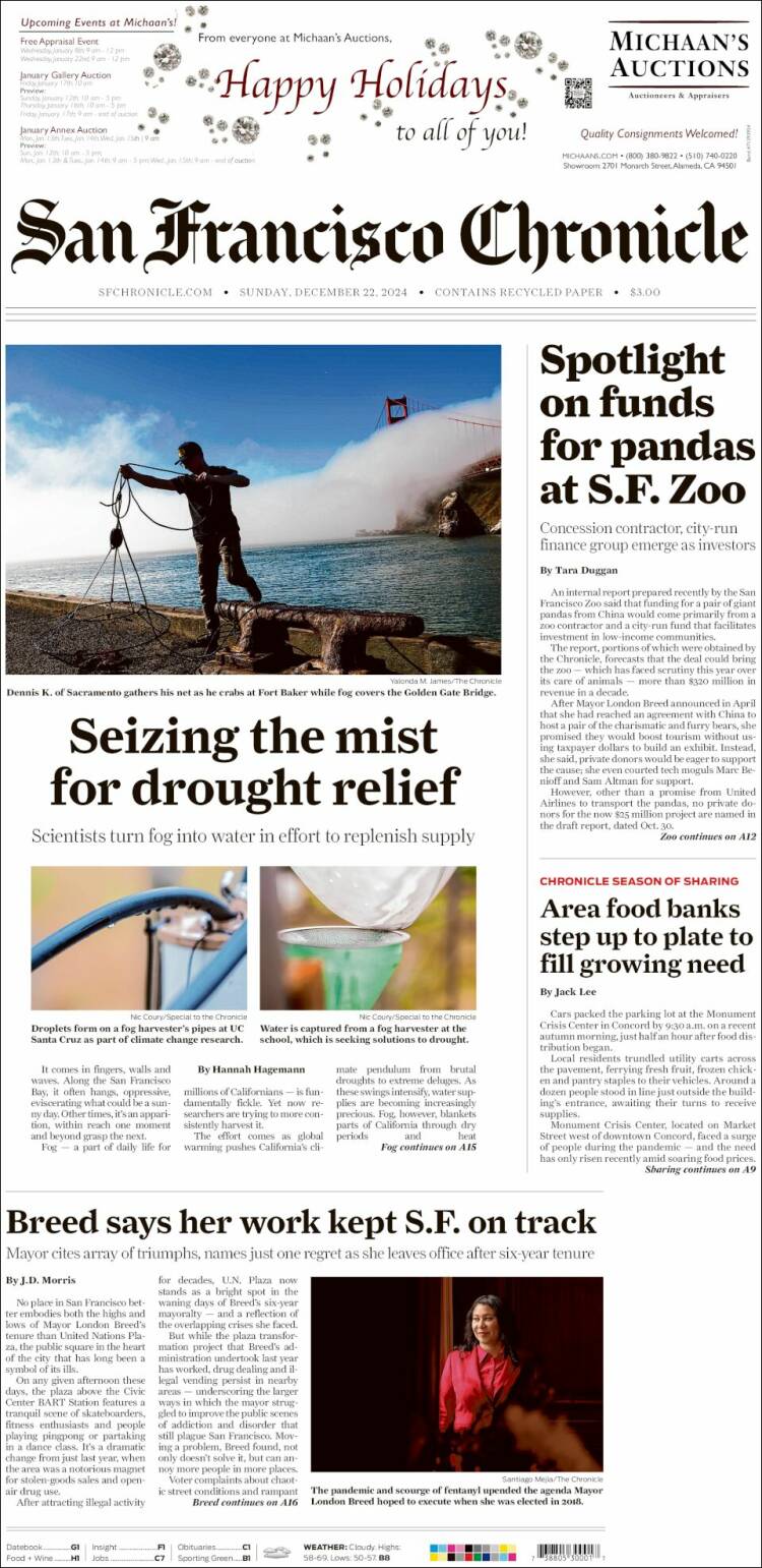 Portada de San Francisco Chronicle (USA)