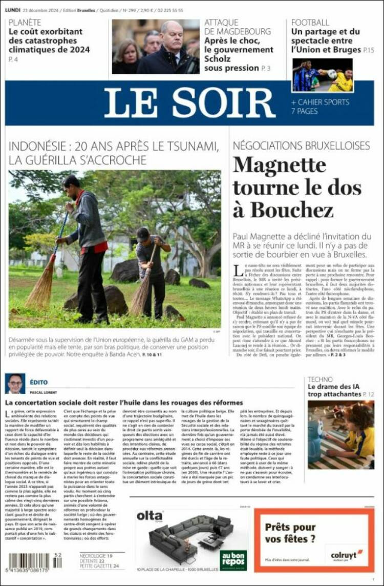 Portada de Le Soir (B&eacute;lgica)