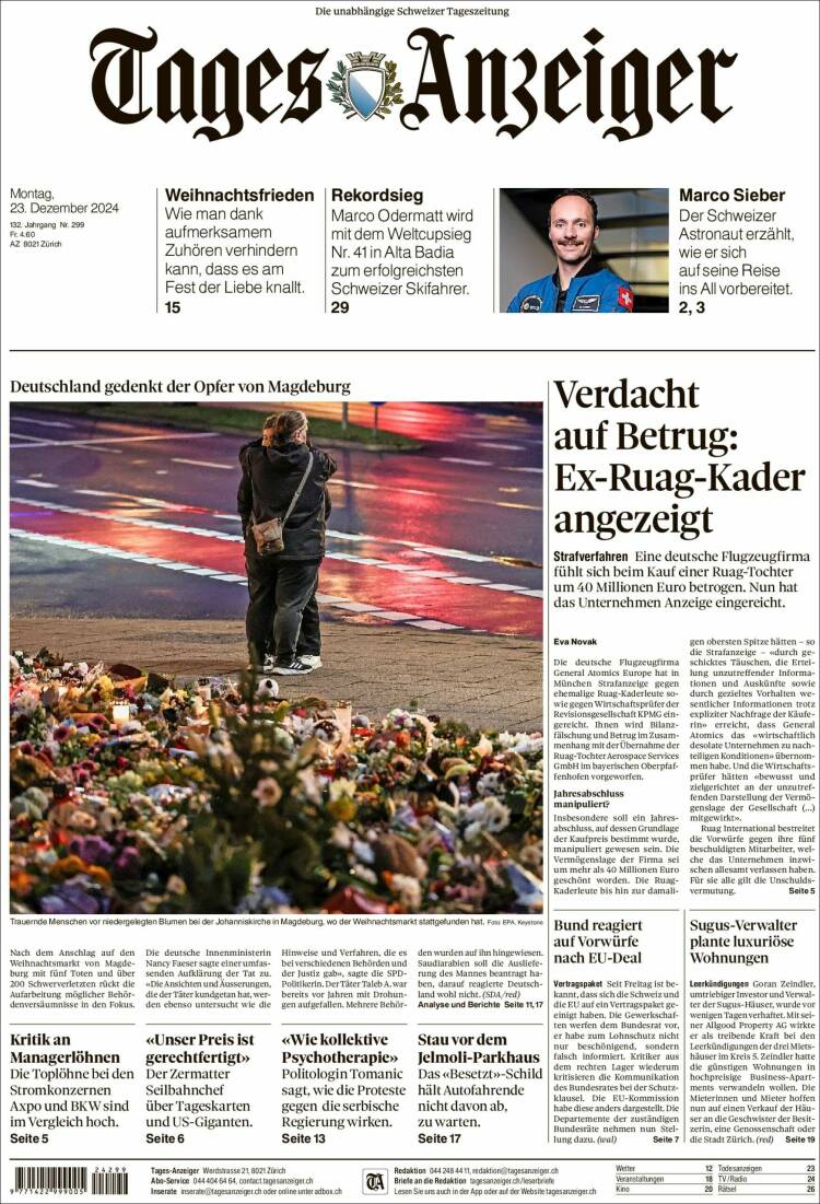 Portada de Tages-Anzeiger (Suiza)