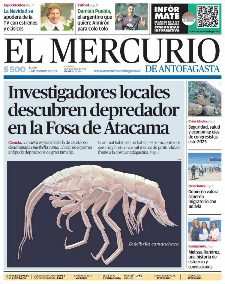 Portada de El Mercurio de Antofagasta (Chile)