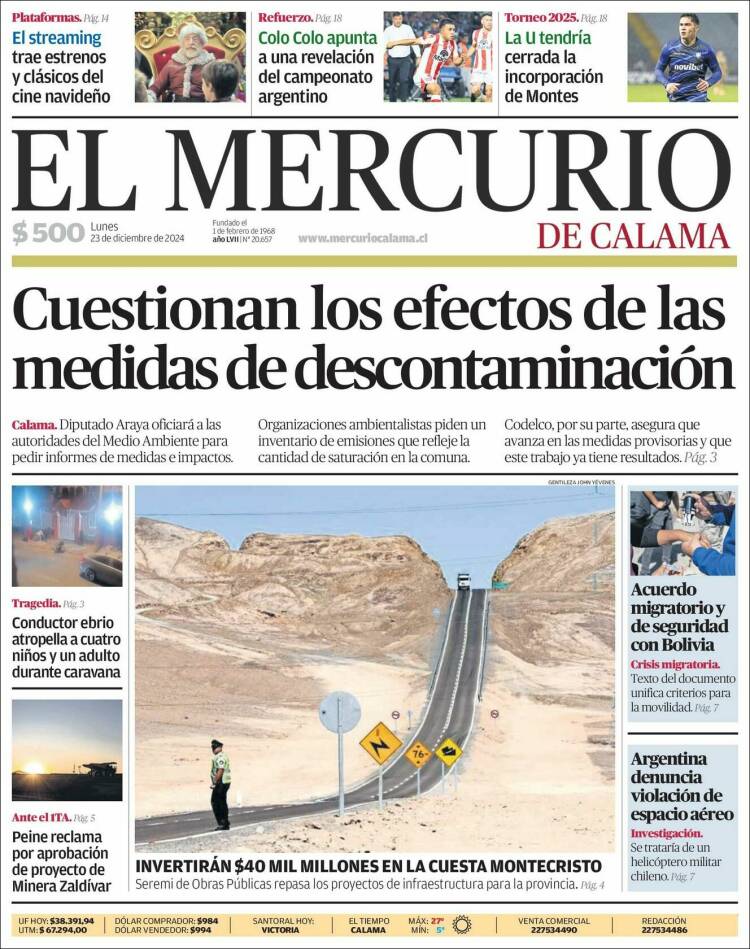 Portada de El Mercurio - Calama (Chile)
