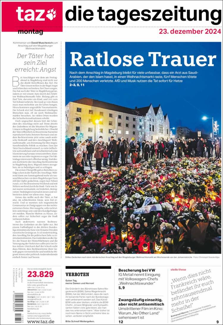 Portada de Die Tageszeitung (Alemania)