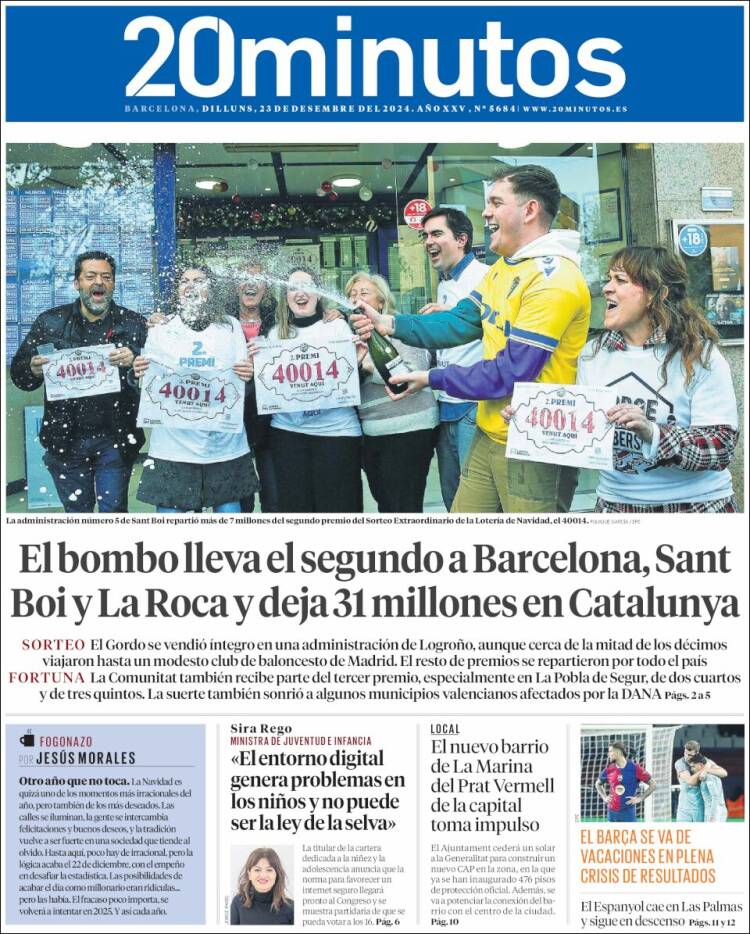 Portada de 20 Minutos - Barcelona (España)