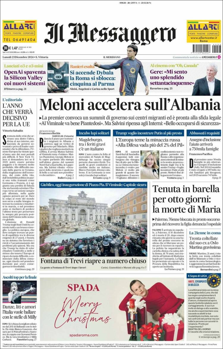 Portada de Il Messaggero (Italia)