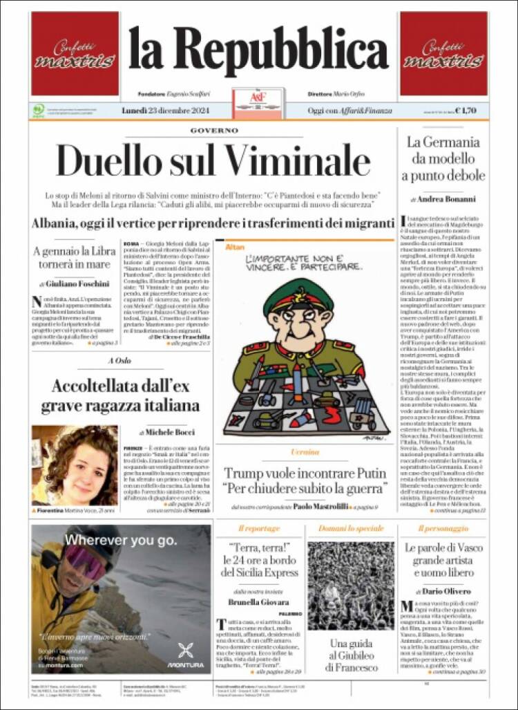 Portada de La Repubblica (Italia)