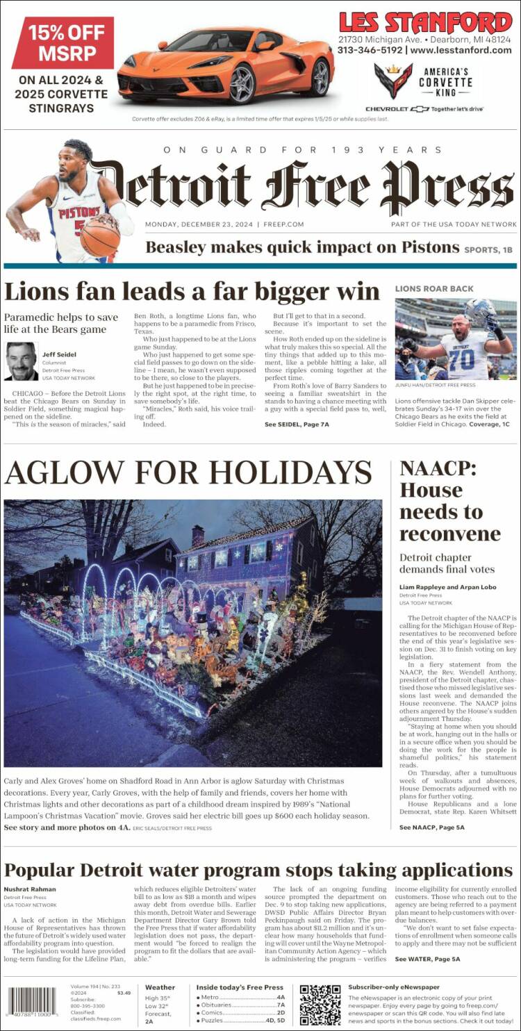 Portada de Detroit Free Press (USA)