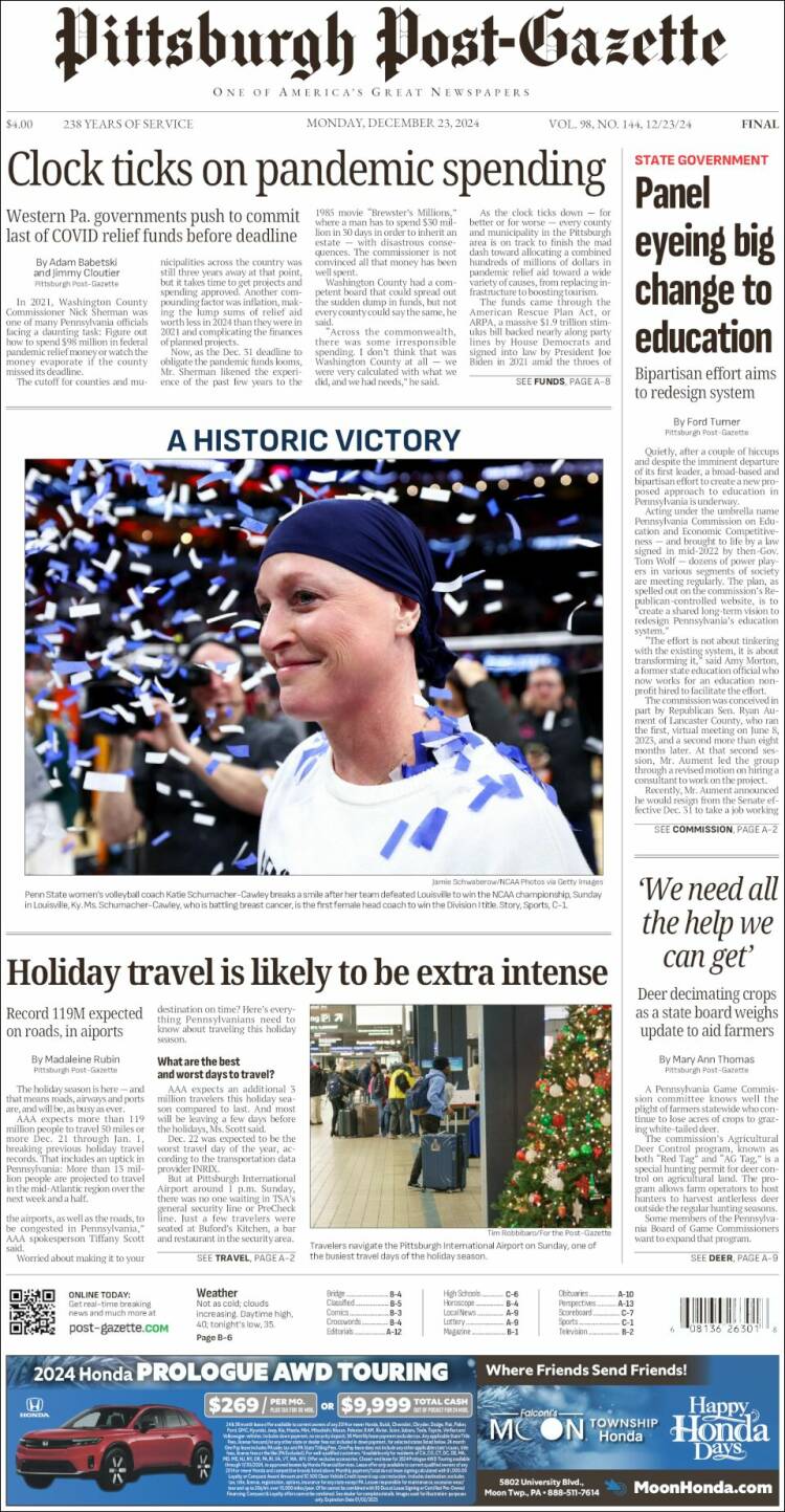 Portada de Pittsburgh Post-Gazette (USA)