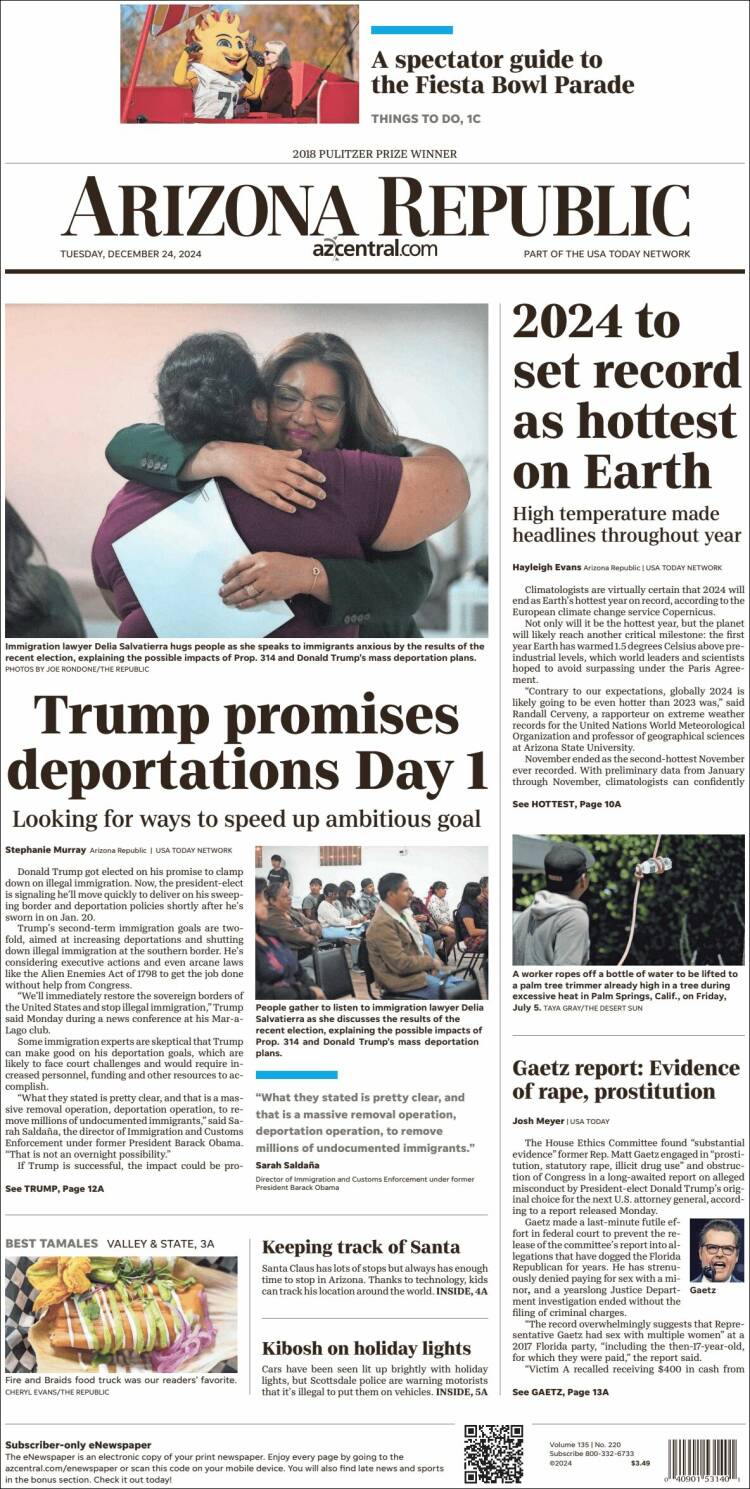 Portada de Arizona Republic News (USA)