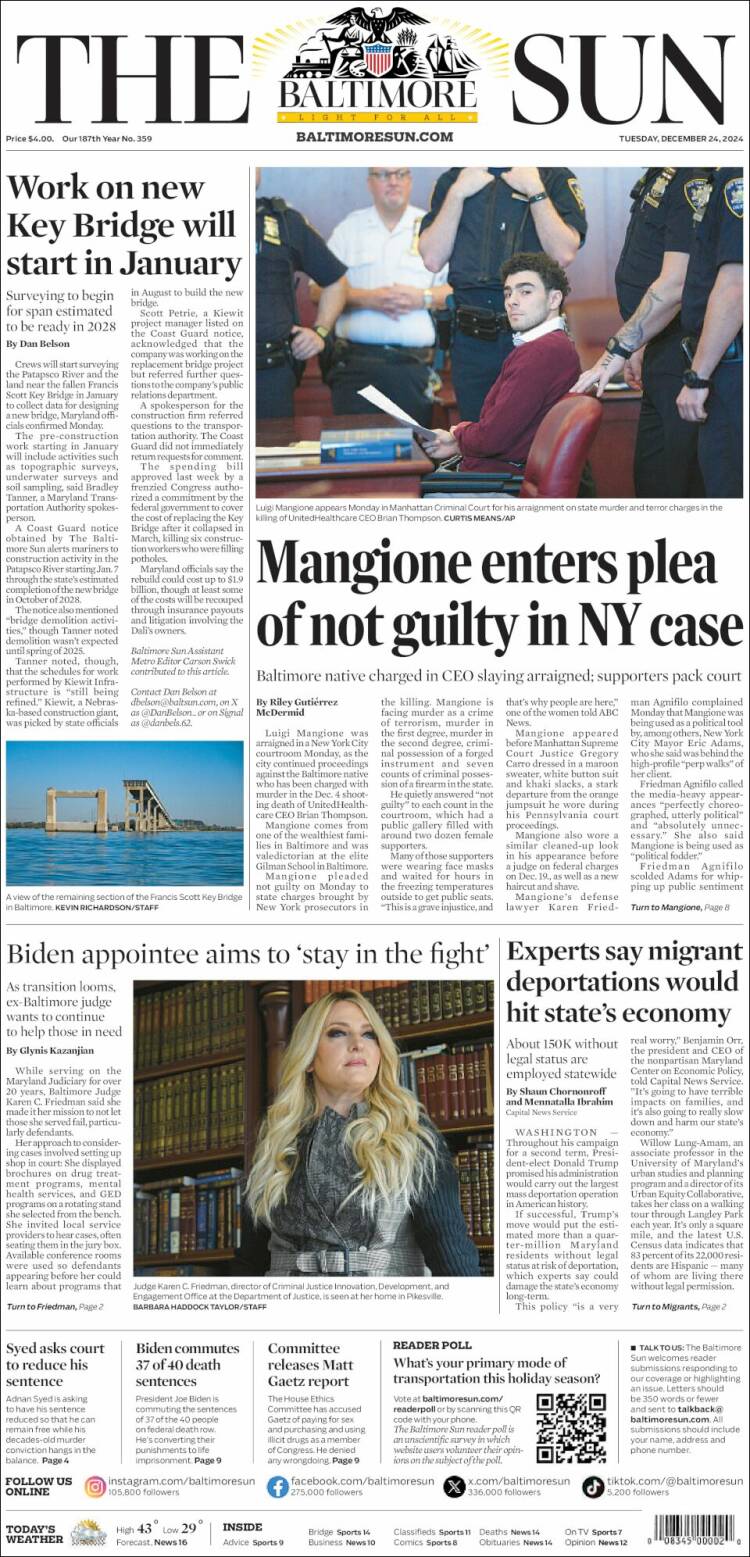 Portada de The Baltimore Sun (USA)