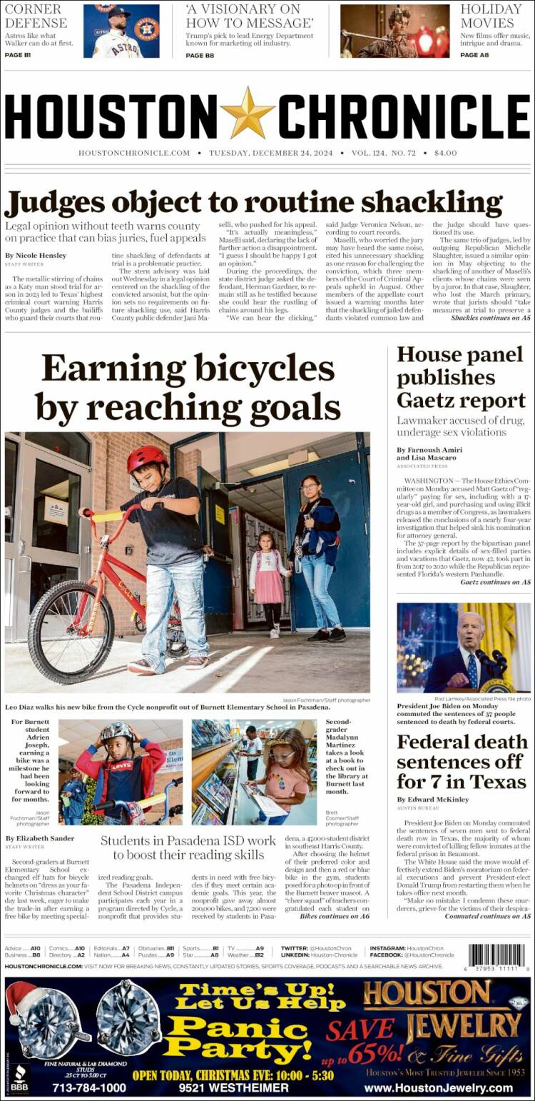 Portada de Houston Chronicle (USA)