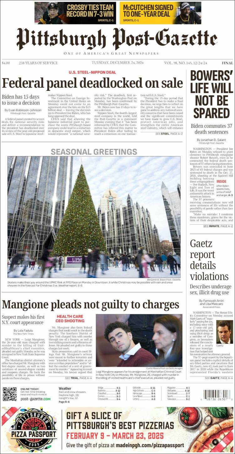 Portada de Pittsburgh Post-Gazette (USA)